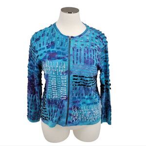 Chico's Blue Purple Textured Cotton Zip-Up Jacket Beachy Art to Wear Women's